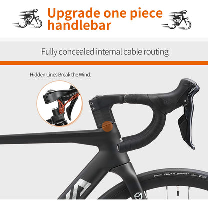 Racing Road Bicycle, Carbon Fiber Frame, Integrated Handlebar, 18-Speed Adult Competition Bicycle