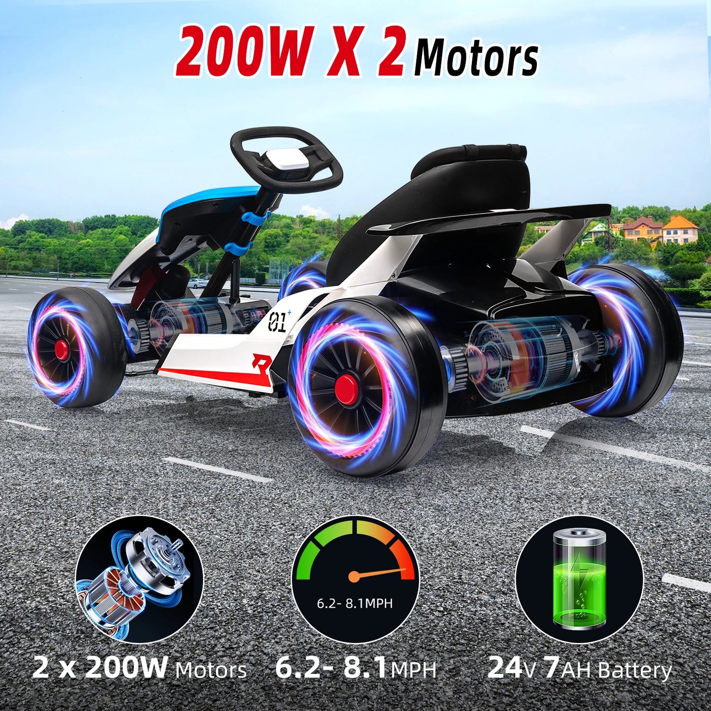 Electric Go Kart for Kids, 24V Drift Kart with Battery Motor, Electric Pedals