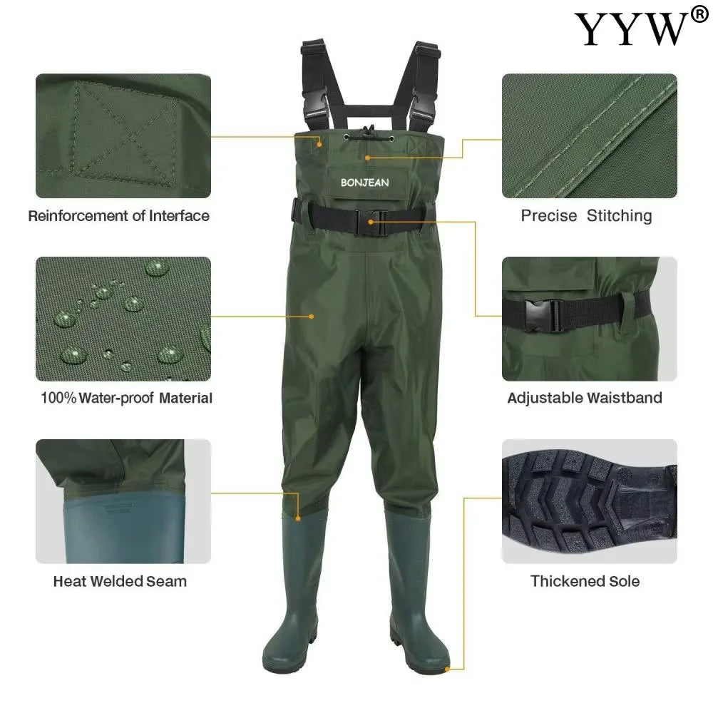 Waterproof Fishing Waders Pants, Chest-Length with Boots, Breathable Overalls, Unisex