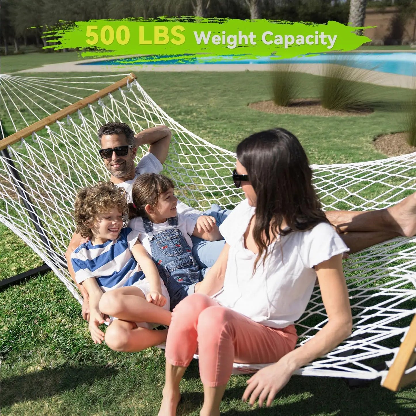 Double Hammock for Two, Handwoven Rope w/ Spreader Bar - Indoor Outdoor