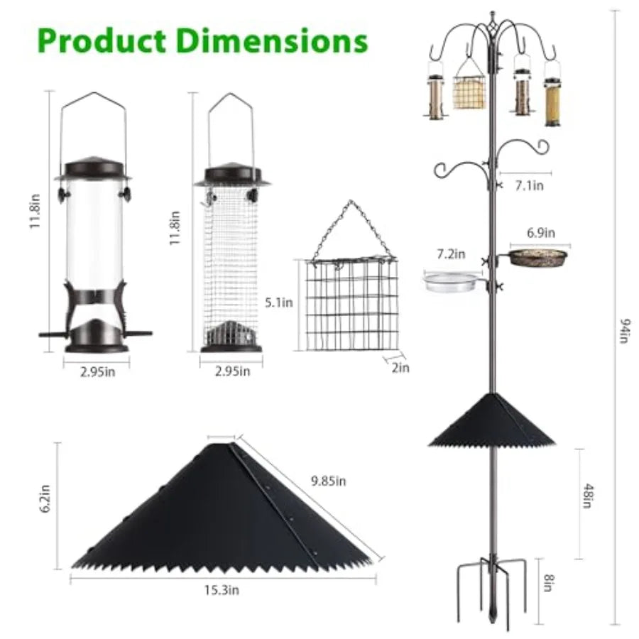 Bird Feeding Station Kit, 94 inch Adjustable Stand Pole w/ 6-Hooks, Bird Bath, Curved Mesh Tray Squirrel Baffle