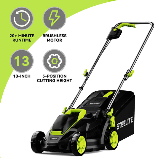 Electric Lawn Mower, Lightweight Cordless Mower, 13" Brushless w/ 21V 4.0Ah Battery and Charger