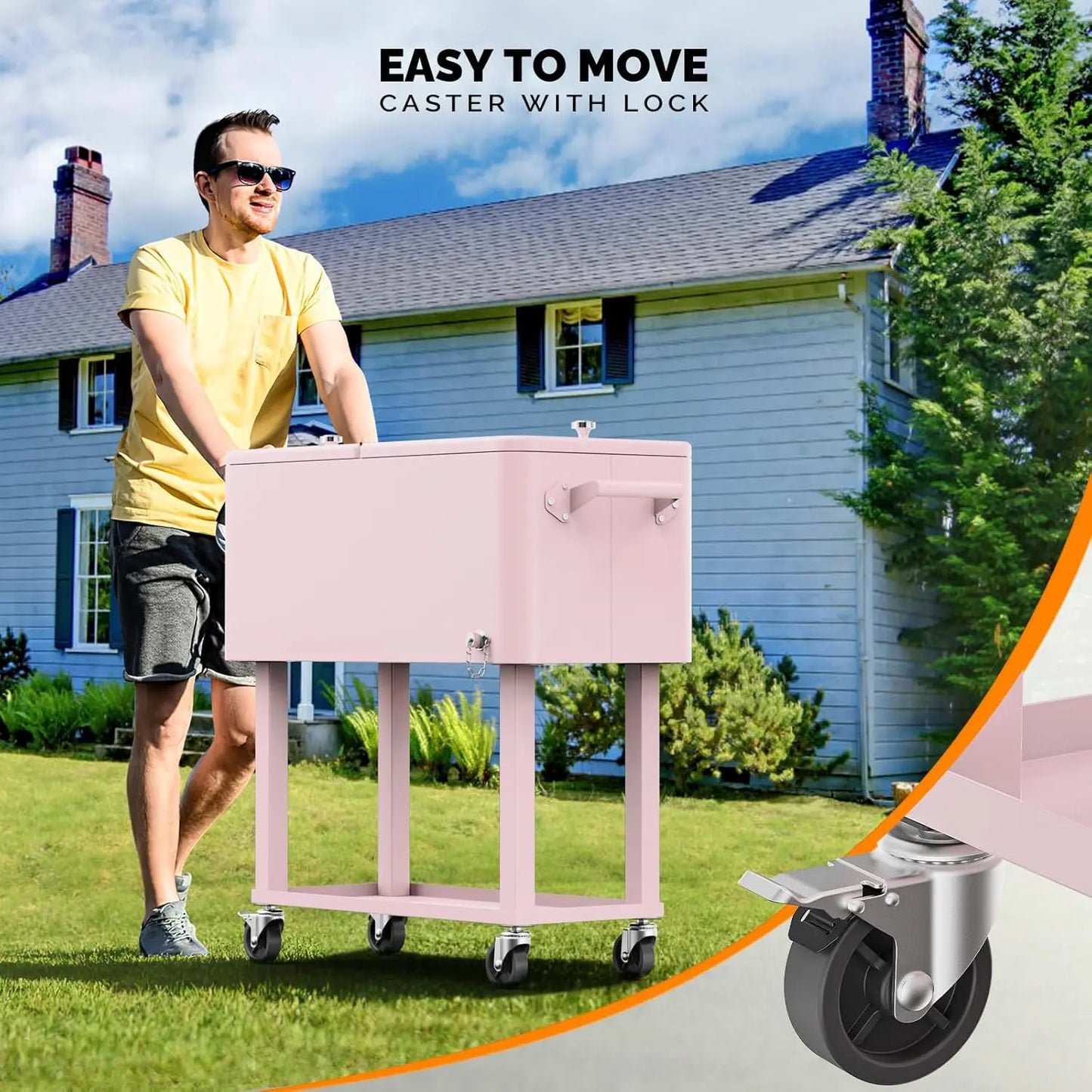 Rolling Ice Chest, 80 Quart, Patio Bar Drink Cooler Cart, w/ Shelf & Bottle Opener