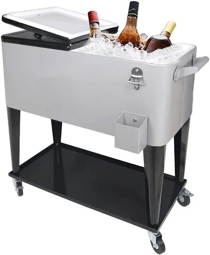 Rolling Cooler Cart, Ice Chest, 80 QT Portable Cold Drink Beverage Cart for Backyard Patio