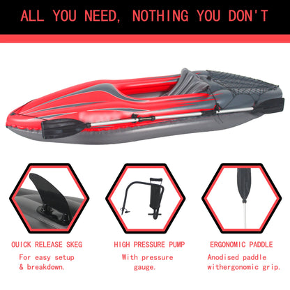 Inflatable Kayak Fishing Boat, 1 Adult Person, Red Canoe, w/ Paddles, Bag, Seats, High-Output Pump,