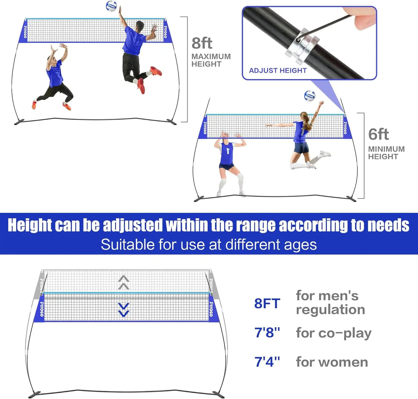 Volleyball Net, 14FT Adjustable Height with Portable Carry Bag