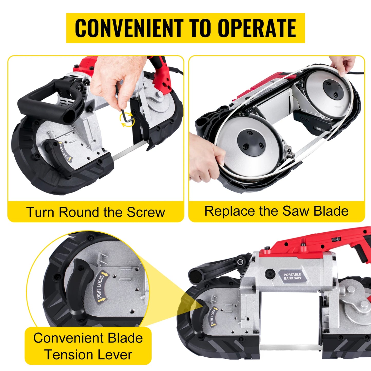 Portable Band Saw, 5 Inch Cutting Capacity, Cordless Variable Speed, 10Amp Motor, Deep Cut for Metal, Wood, Pipes, Rebar
