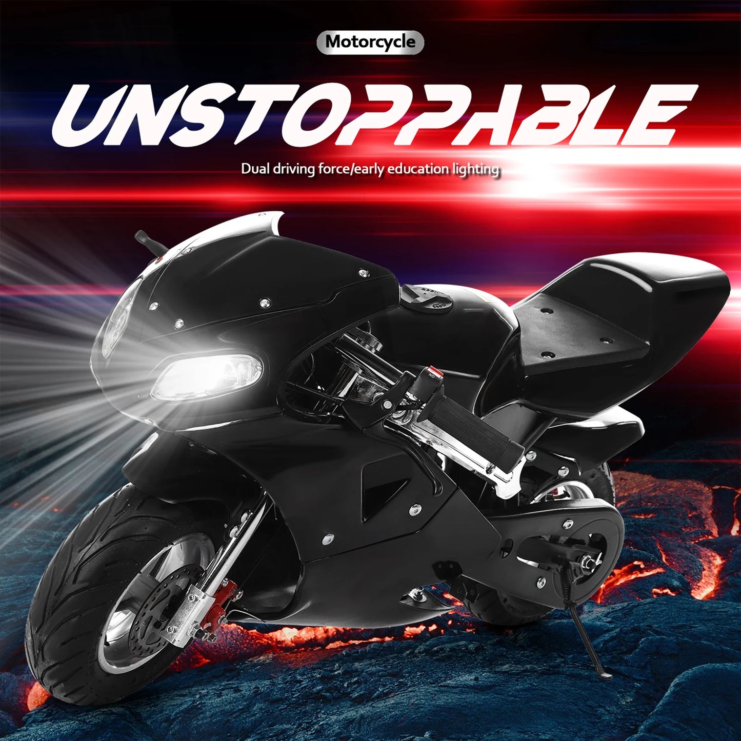 2-Stroke 49cc Pocket Gas Motorbike, High Brightness Dual Headlights, Rubber Handlebar, Mini Motorcycle