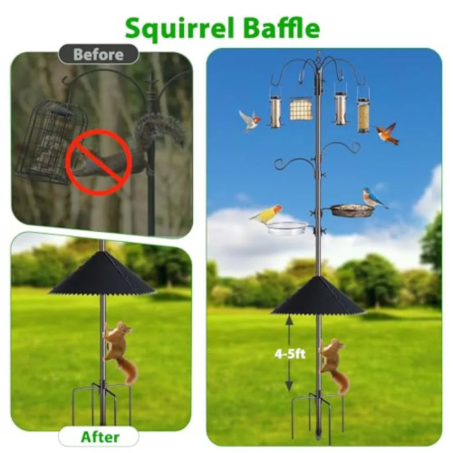Bird Feeding Station Kit, 94 inch Adjustable Stand Pole w/ 6-Hooks, Bird Bath, Curved Mesh Tray Squirrel Baffle