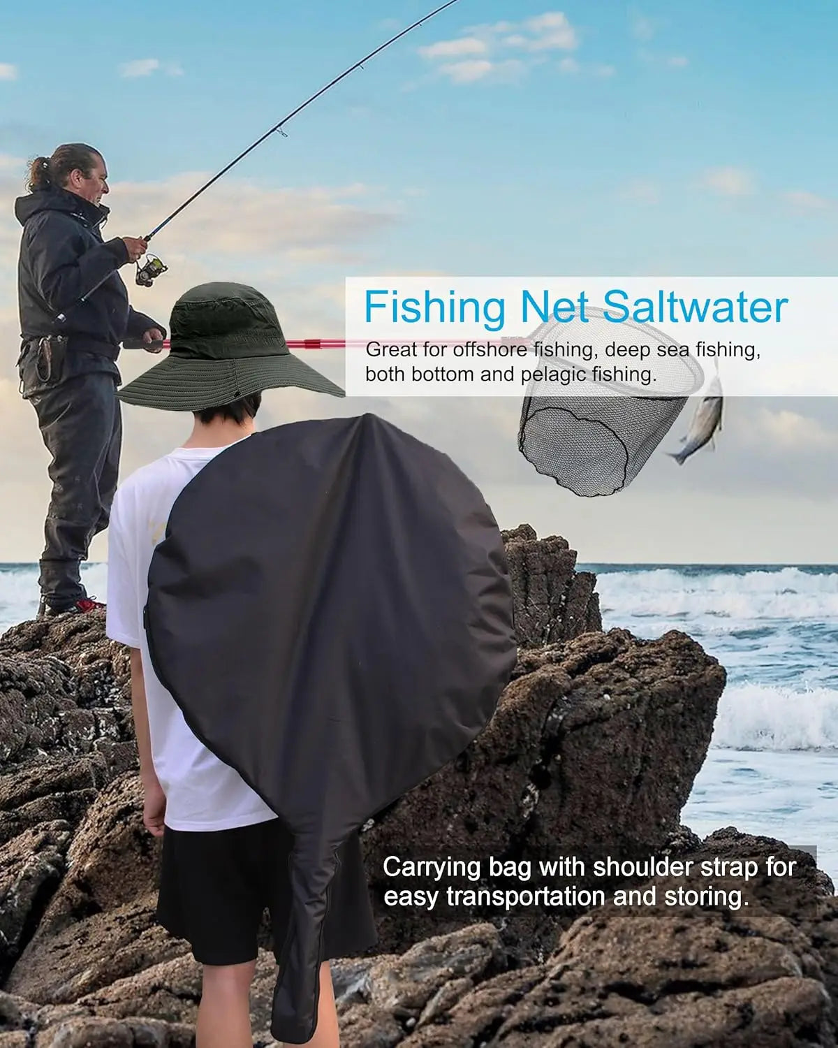 Large Rubber Fishing Net, Telescoping Handle, Extends to 94in, for Fresh or Saltwater