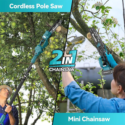 High Branch Pole Saw, Cordless 8'' Electric Chainsaw w/ 3 M Extension Pole, Tree Trimming, Limb Cutter, Pruner