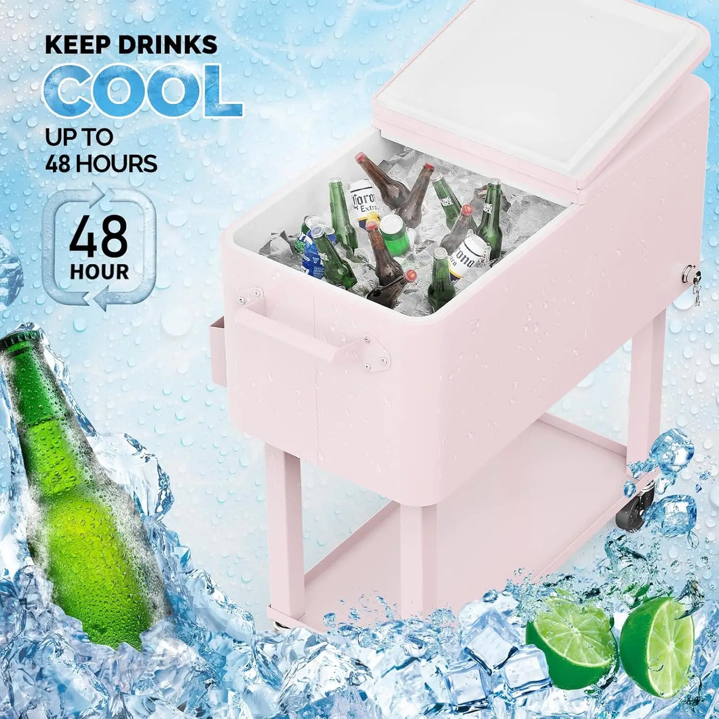 Rolling Ice Chest, 80 Quart, Patio Bar Drink Cooler Cart, w/ Shelf & Bottle Opener