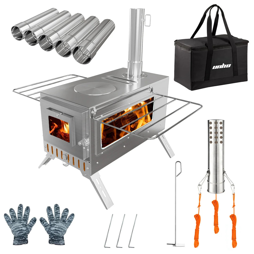 Hot Tent Stove, Portable Wood Burning, w/ 6 Stainless Chimney Pipes for Outdoor Heating & Cooking