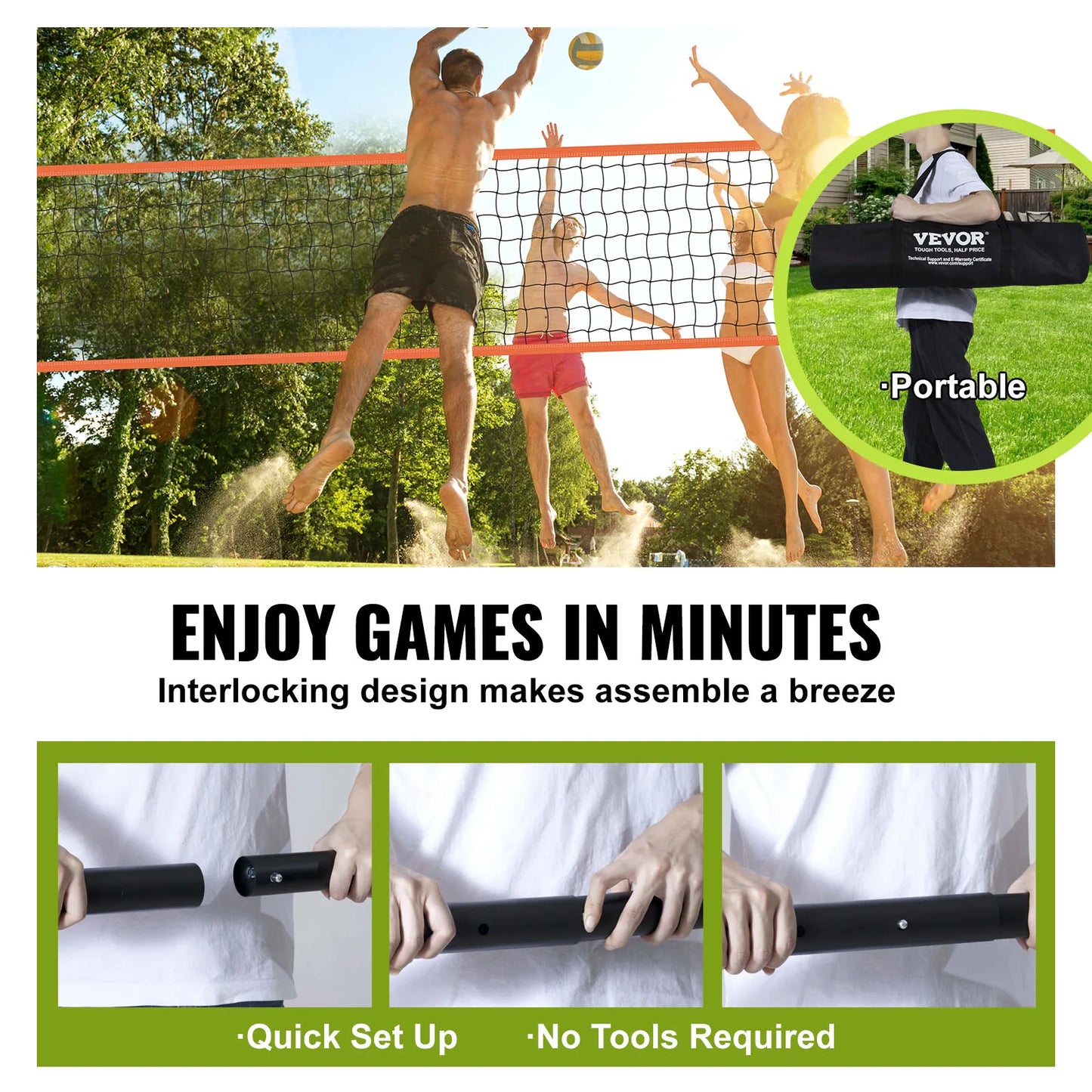Volleyball Net, Portable, Adjustable Height, with Ball, Pump & Carrying Bag
