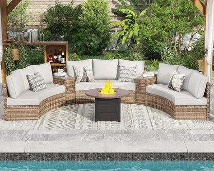 Patio Set,11 Piece Half-Moon Round Sectional Furniture Set w/ Storage Wedge & Table