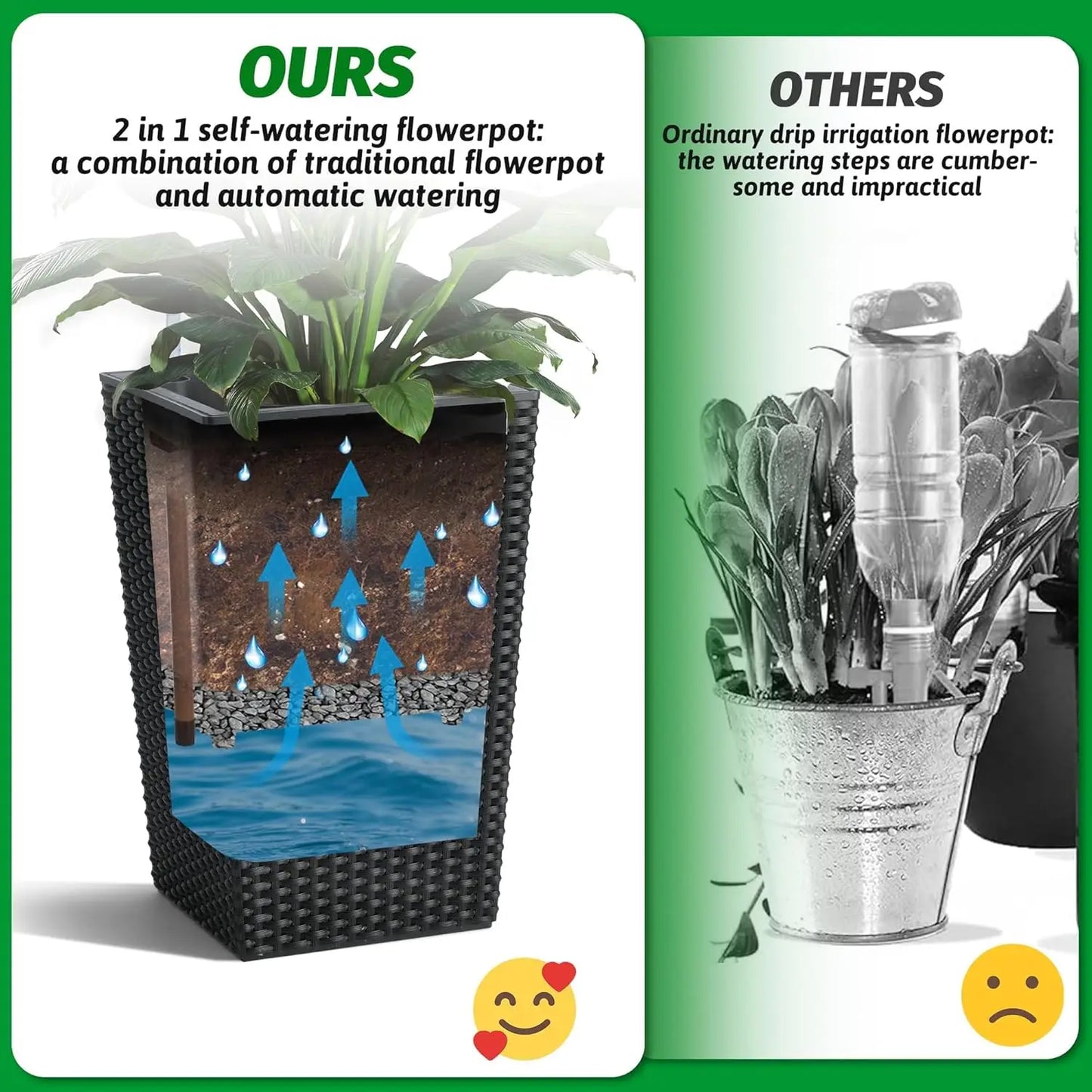 Outdoor Planters, 16" Tall Flowers Pots, Set of 2 w/ Tray, Wicker Design w/ Water Level Indicator, Indoor/Outdoor