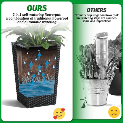 Outdoor Planters, 16" Tall Flowers Pots, Set of 2 w/ Tray, Wicker Design w/ Water Level Indicator, Indoor/Outdoor