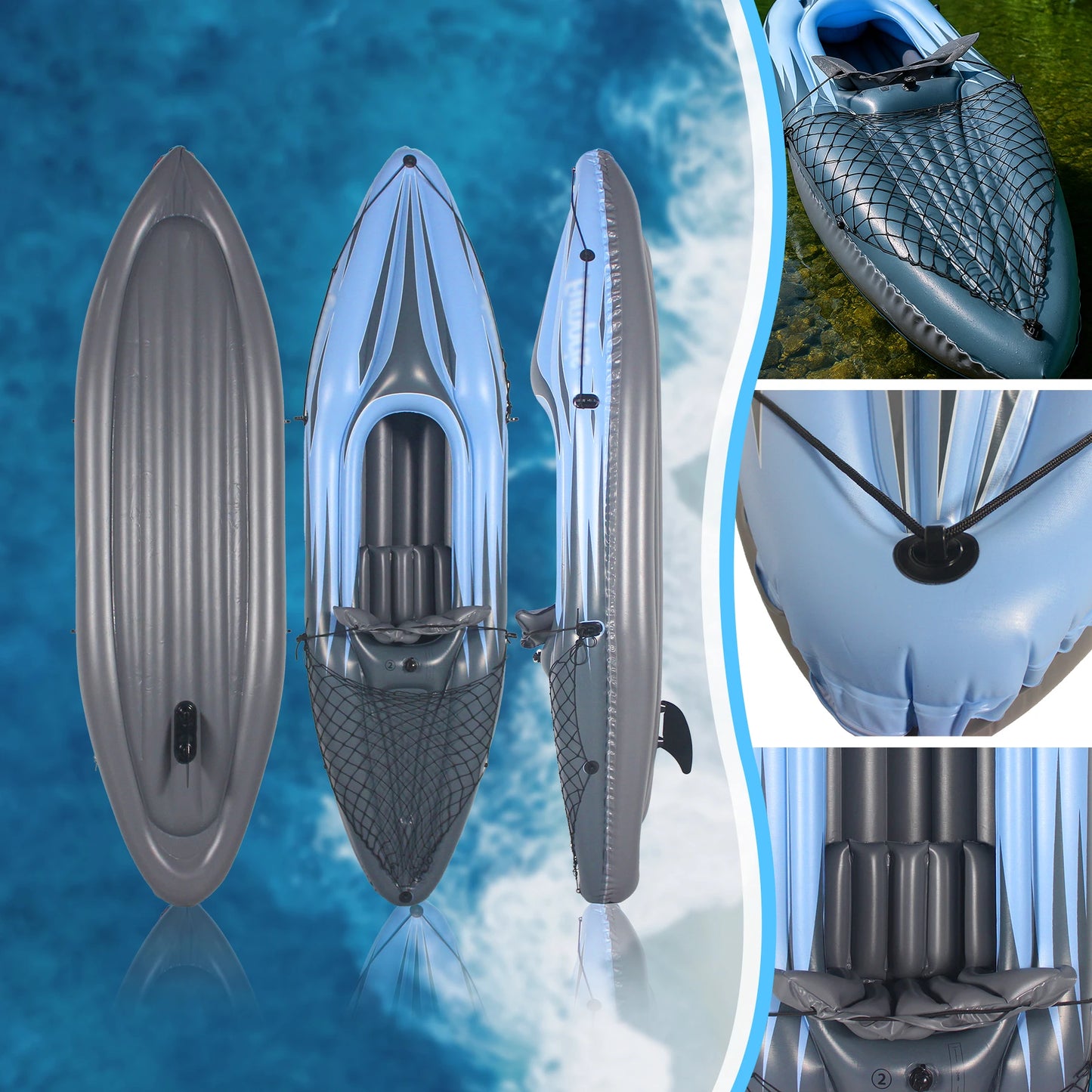 Inflatable Kayak Fishing Boat, 1 Person Adult Blue Canoe, with Paddles, Bag, Seats, High-Output Pump, Fin