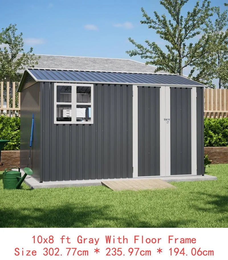 Outdoor Metal Storage Shed, Large 10x14 FT. Garden Tool Shed, 3 Lockable Doors, Waterproof