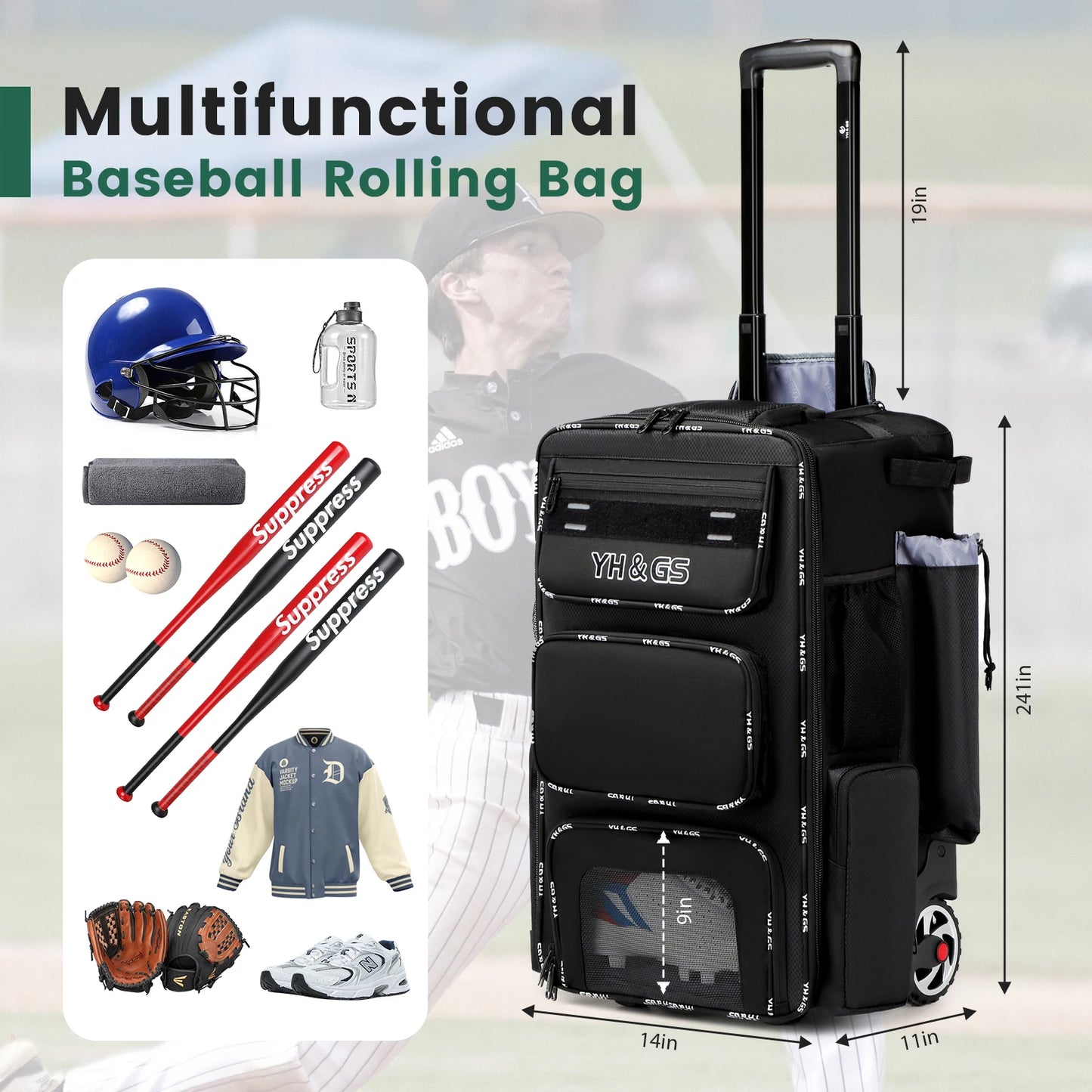 Sports Trolley Baseball or Softball Bag, Large Capacity Multi Compartment, Waterproof