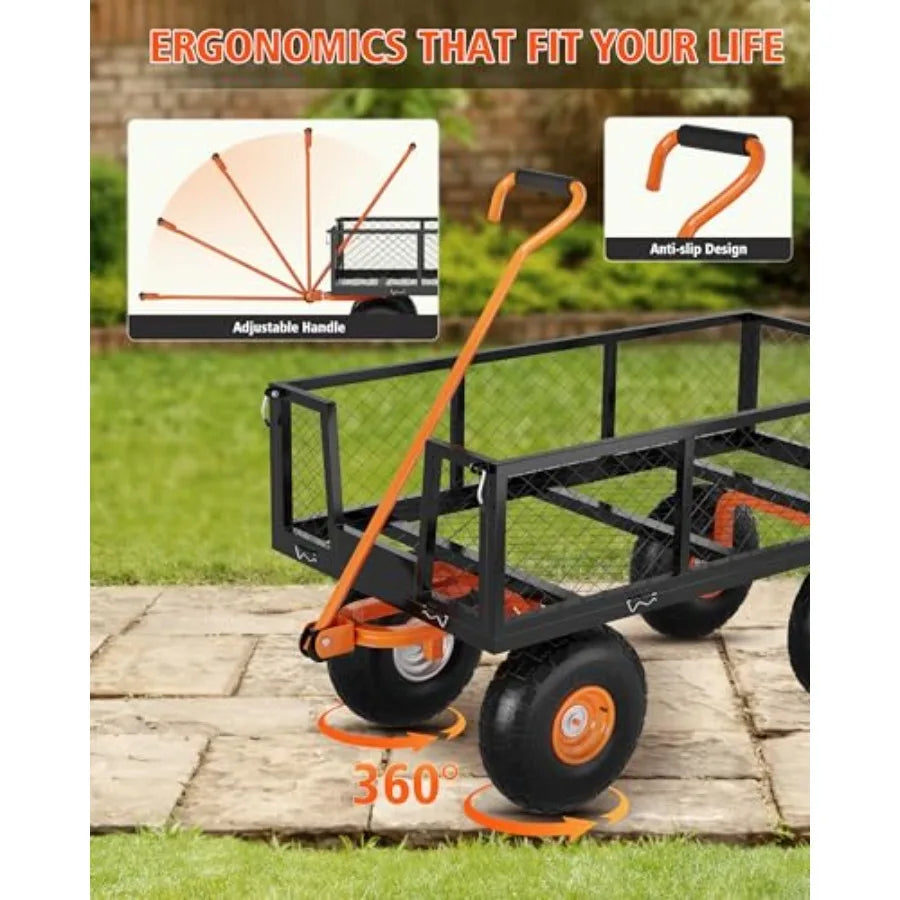 Garden Cart, Green Heavy Duty Steel w/ 500lbs Capacity, Mesh Design, Removable Sides, 10in Tires