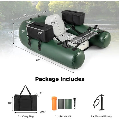 Inflatable Float Tube, Fishing Belly Boat, with 2 Detachable Storage Bags, Pump, Carry Bag
