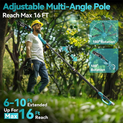 High Branch Pole Saw, Cordless 8'' Electric Chainsaw w/ 3 M Extension Pole, Tree Trimming, Limb Cutter, Pruner