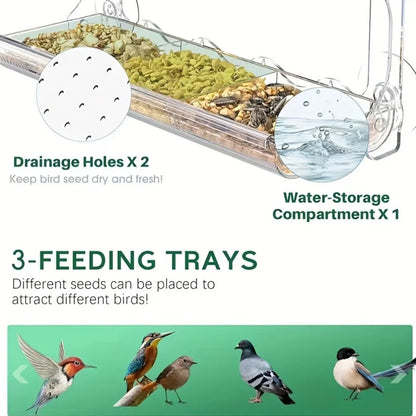 Indestructible Large Window Bird Feeder, w/ Removable Seed & Water Tray for Wild Birds, 4 Super Strong Adhesive Hooks