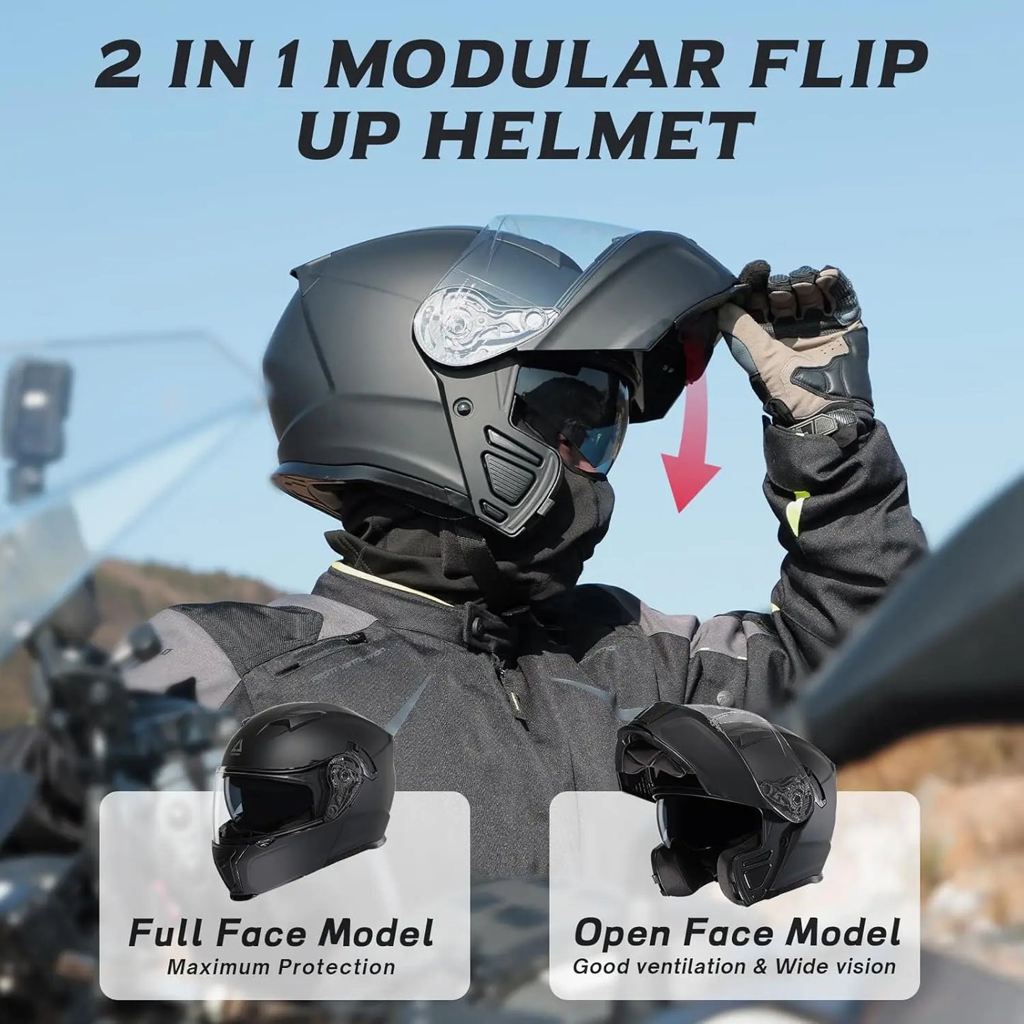 Modular Motorcycle Helmets for Men, Flip Up Full Face Helmet, Dual Visor, Internal Sunshield, DOT Approved