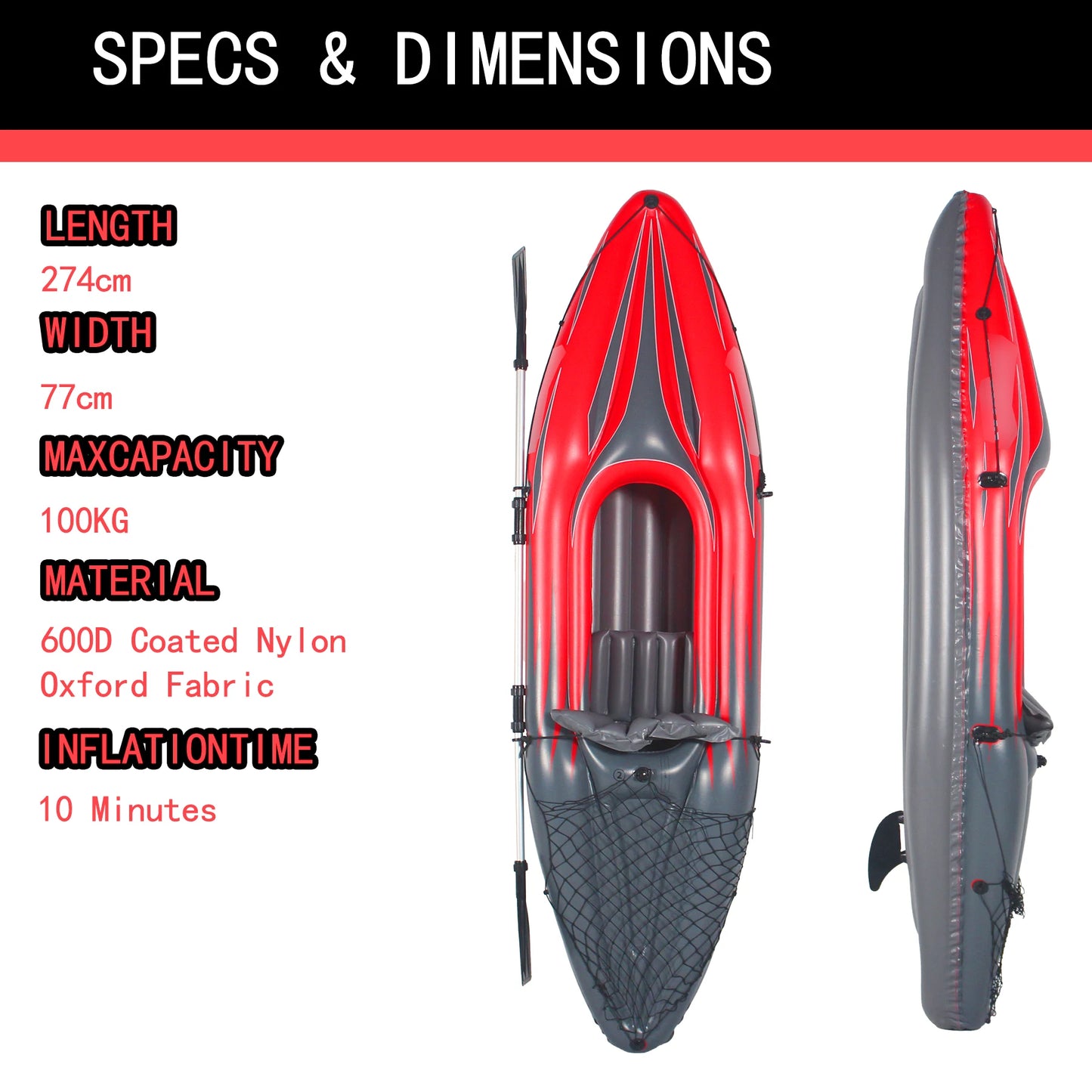 Inflatable Kayak Fishing Boat, 1 Adult Person, Red Canoe, w/ Paddles, Bag, Seats, High-Output Pump,