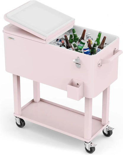 Rolling Ice Chest, 80 Quart, Patio Bar Drink Cooler Cart, w/ Shelf & Bottle Opener