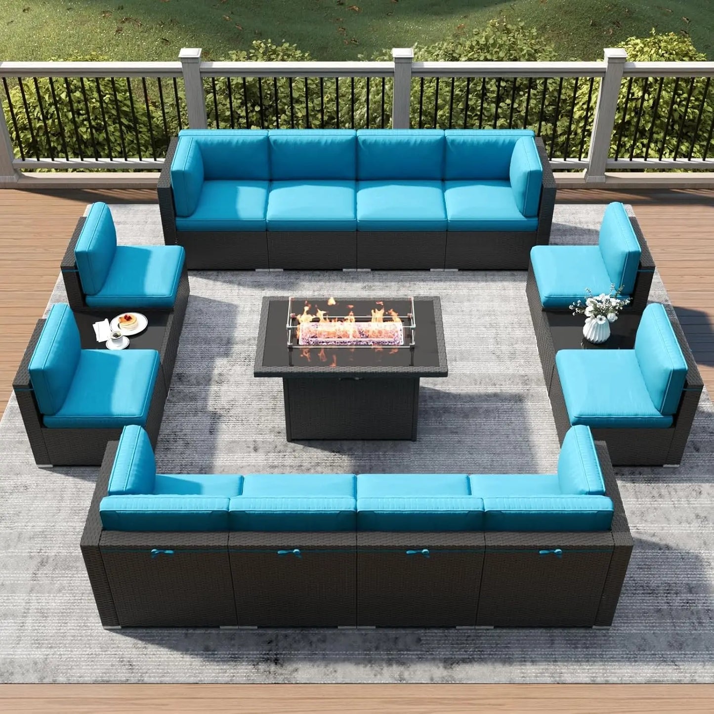 Patio Furniture 15 pcs Set w/ Fire Pit Table, Wicker Rattan Sectional Sofa, Coffee Table