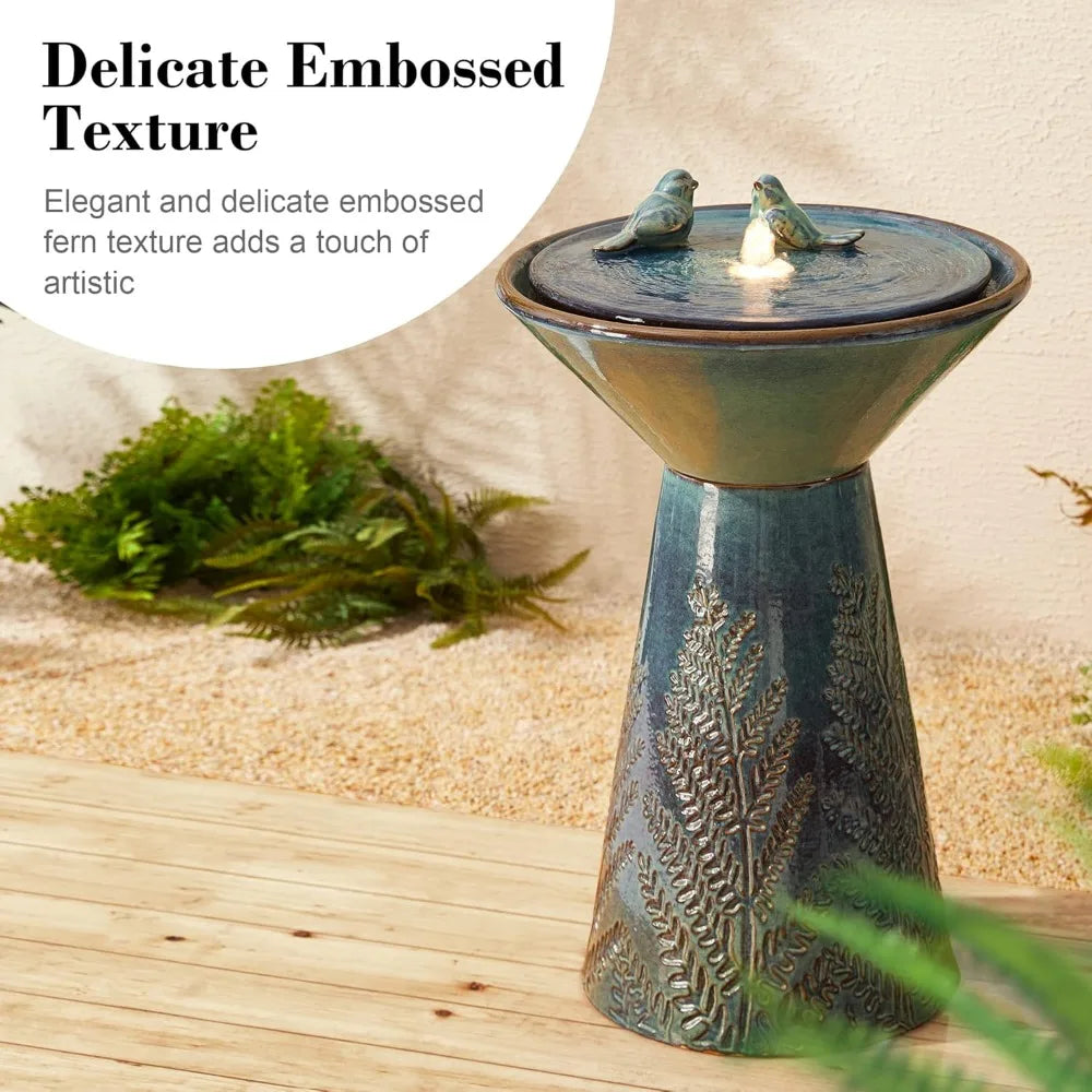 Bird Bath, Water Fountain with LED Light and Pump, Turquoise Ceramic Pedestal