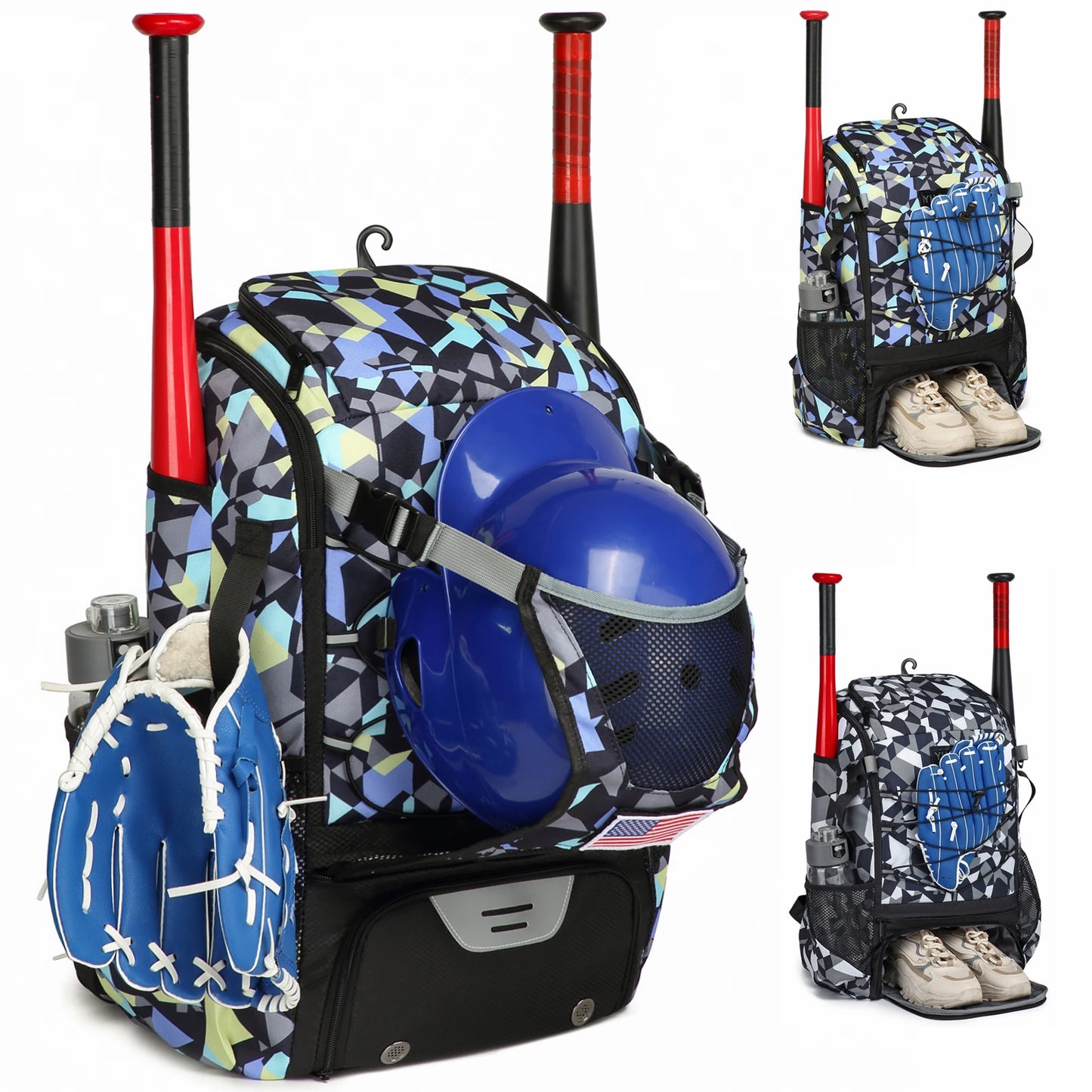 Baseball or Softball Equipment Bag, Backpack with Shoe Compartment, Bat Holders