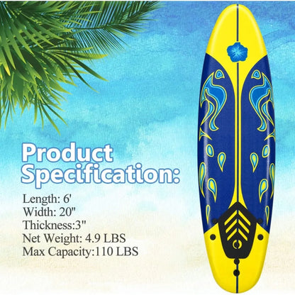 Surfboard 6 feet, Surf Beach, Foamier Board w/ Removable Fins
