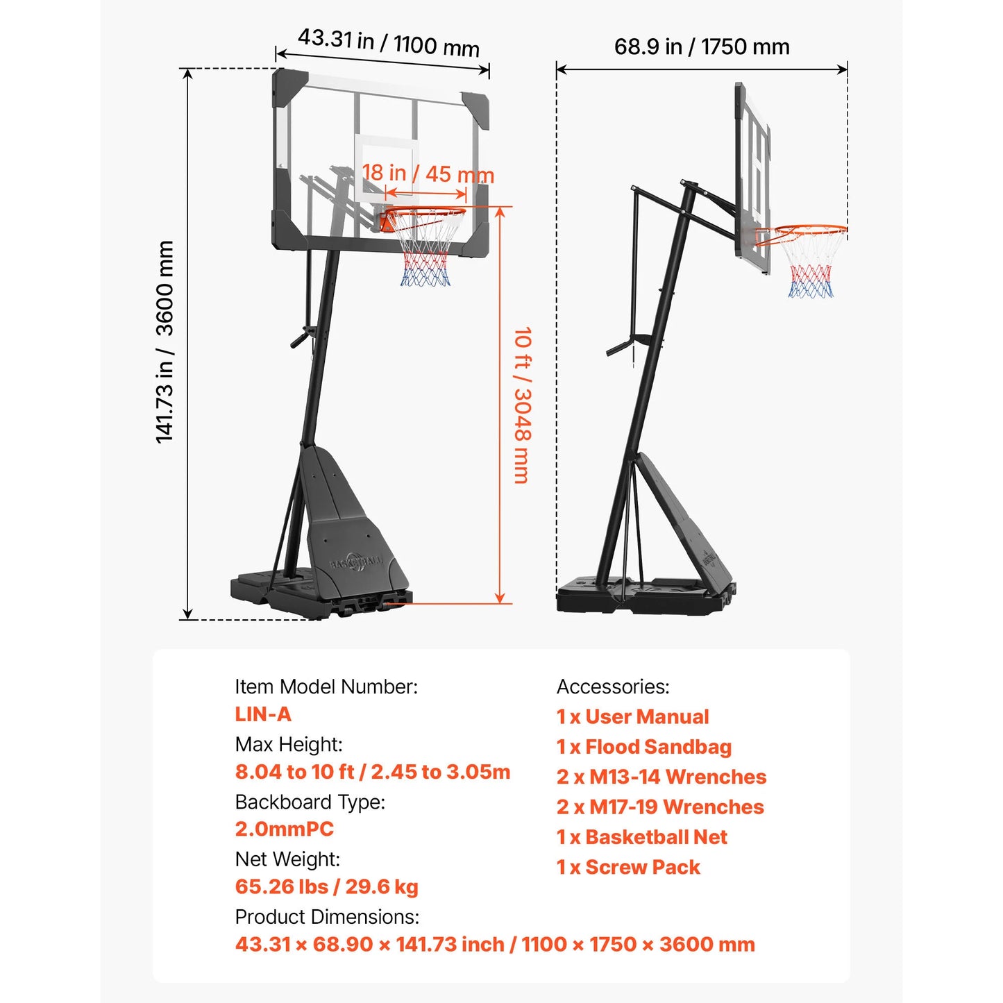 Basketball Stand, Height Adjustment, Hoop with 44 -54 inch Backboard