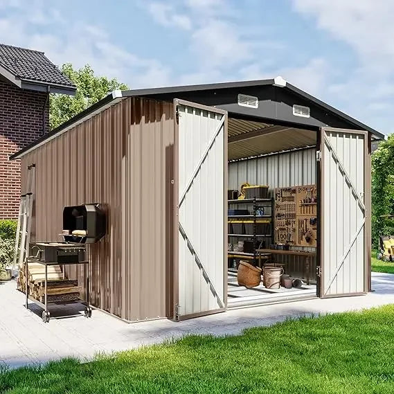 Outdoor Storage Shed 10x12 with Floor Foundation & Lockable Double Doors, Galvanized Steel Shed