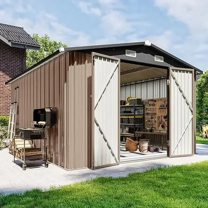 Outdoor Storage Shed 10x12 with Floor Foundation & Lockable Double Doors, Galvanized Steel Shed