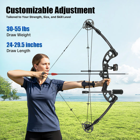 Compound Bow, Adjustable Draw Weight and Length with 3-Pin Sight, 12 Arrows Complete Set