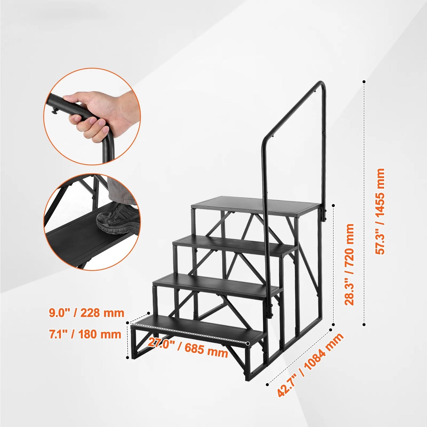 RV Steps, 2,3 or 4-Step Non-Slip Stairs, 440 LBS Load Capacity, Carbon Steel, w/ Handrail