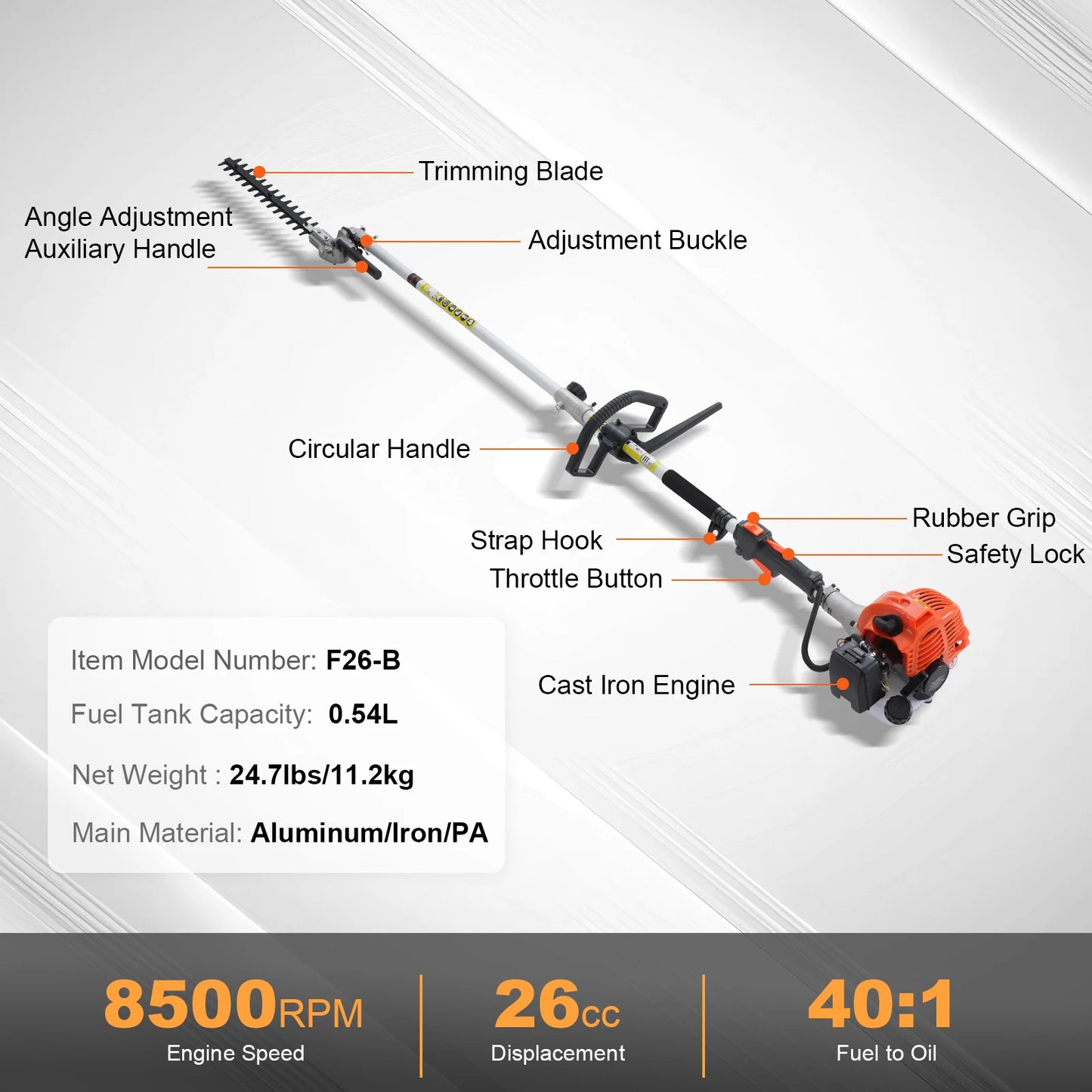 Multi-Functional Trimming Tools, Gas Hedge String Trimmer, Pole Saw, Chainsaw, Pruner w/ Extension Pole