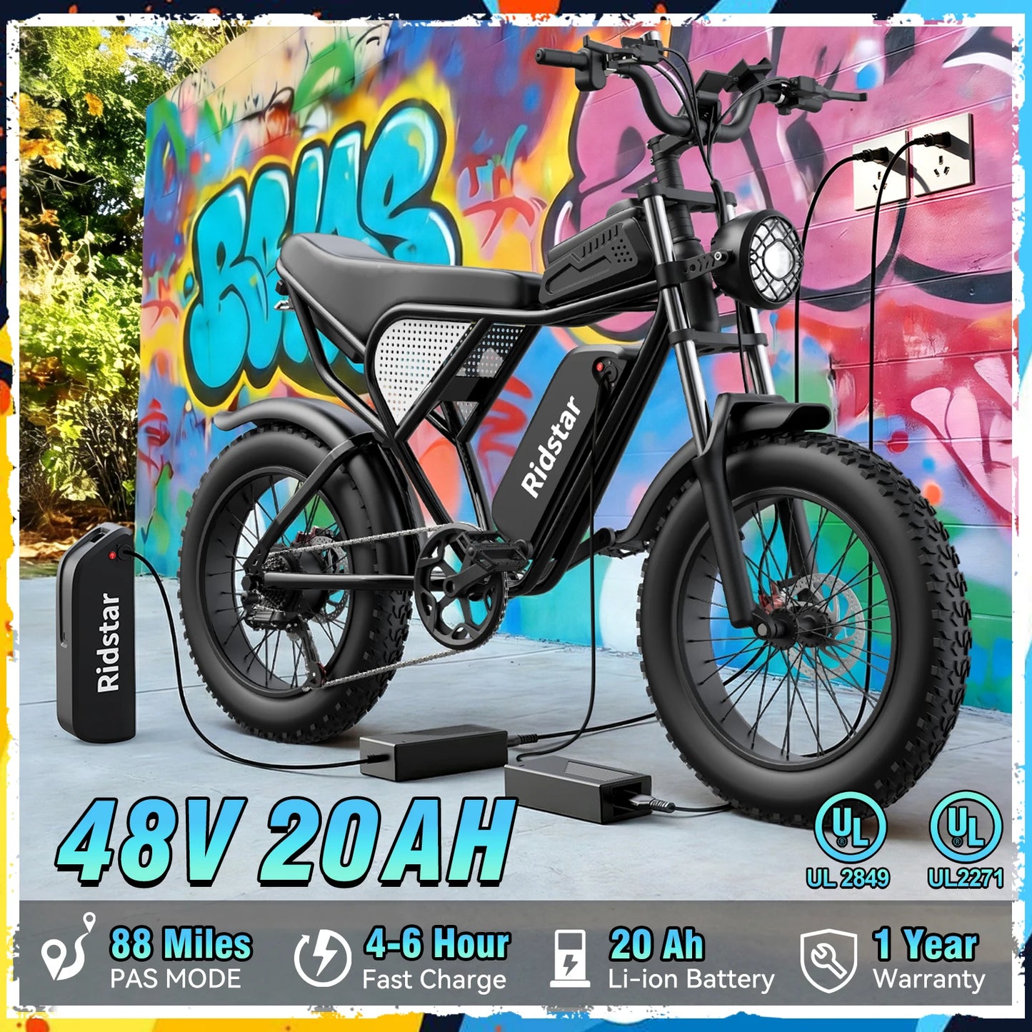 Electric Bike for Adults, 2000W, 48V 20Ah, Detachable Battery, 33MPH & 88 Miles, Electric Motorcycle, 20’’ Fat Tires