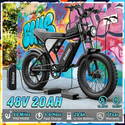 Electric Bike for Adults, 2000W, 48V 20Ah, Detachable Battery, 33MPH & 88 Miles, Electric Motorcycle, 20’’ Fat Tires