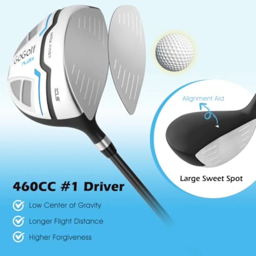 Golf Club, Complete Set for Men: stainless steel, includes 460CC Driver, Fairway Wood, Hybrid, Irons 5-S , Putter