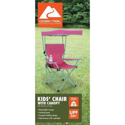 Kids Canopy Camp Chair, Safety Lock, Portable, Adjustable Sunshade, Cup Holder, 125lb Capacity