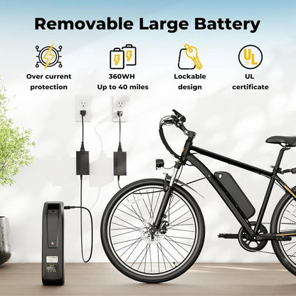 Electric Mountain Bike, Adults' 750W Peak Power, 40 Miles, 20 MPH, 360Wh Battery, 7-Speed, 26' Tires
