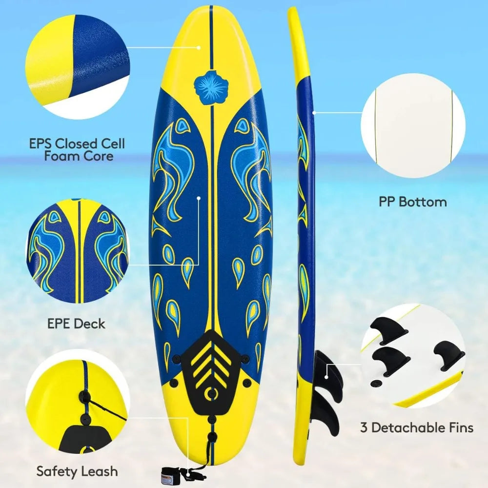 Surfboard 6 feet, Surf Beach, Foamier Board w/ Removable Fins