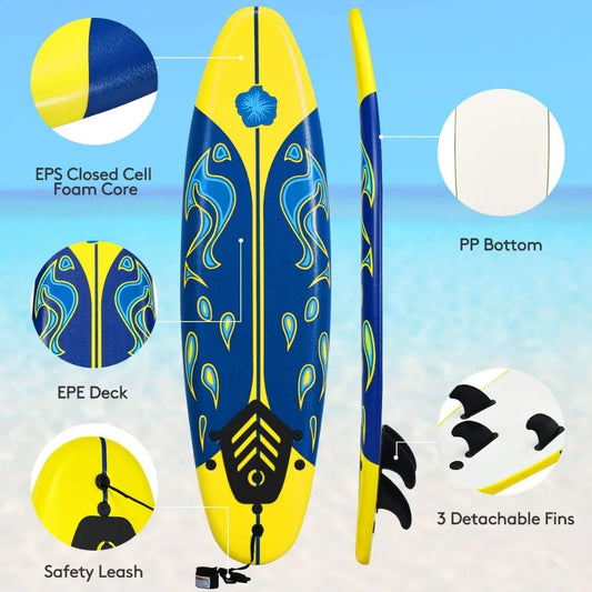 Surfboard 6 feet, Surf Beach, Foamier Board w/ Removable Fins