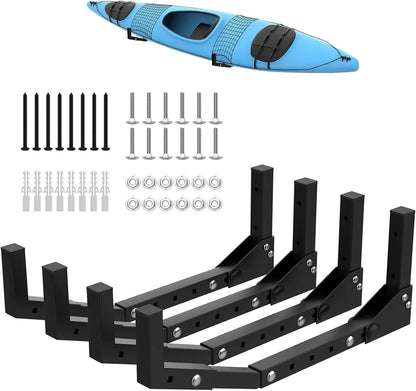 Wall Mount Kayak Storage Rack w/ Hooks for Garage, Holds Kayaks, Surfboards, Skis, Snowboards, and Paddle Boards
