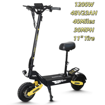 Off Road 1200W Electric Scooter for Adults, 48V Long Range E-Scooter, 30MPH Fast Speed, 11" Tubeless Tire, Foldable, Kick Stand